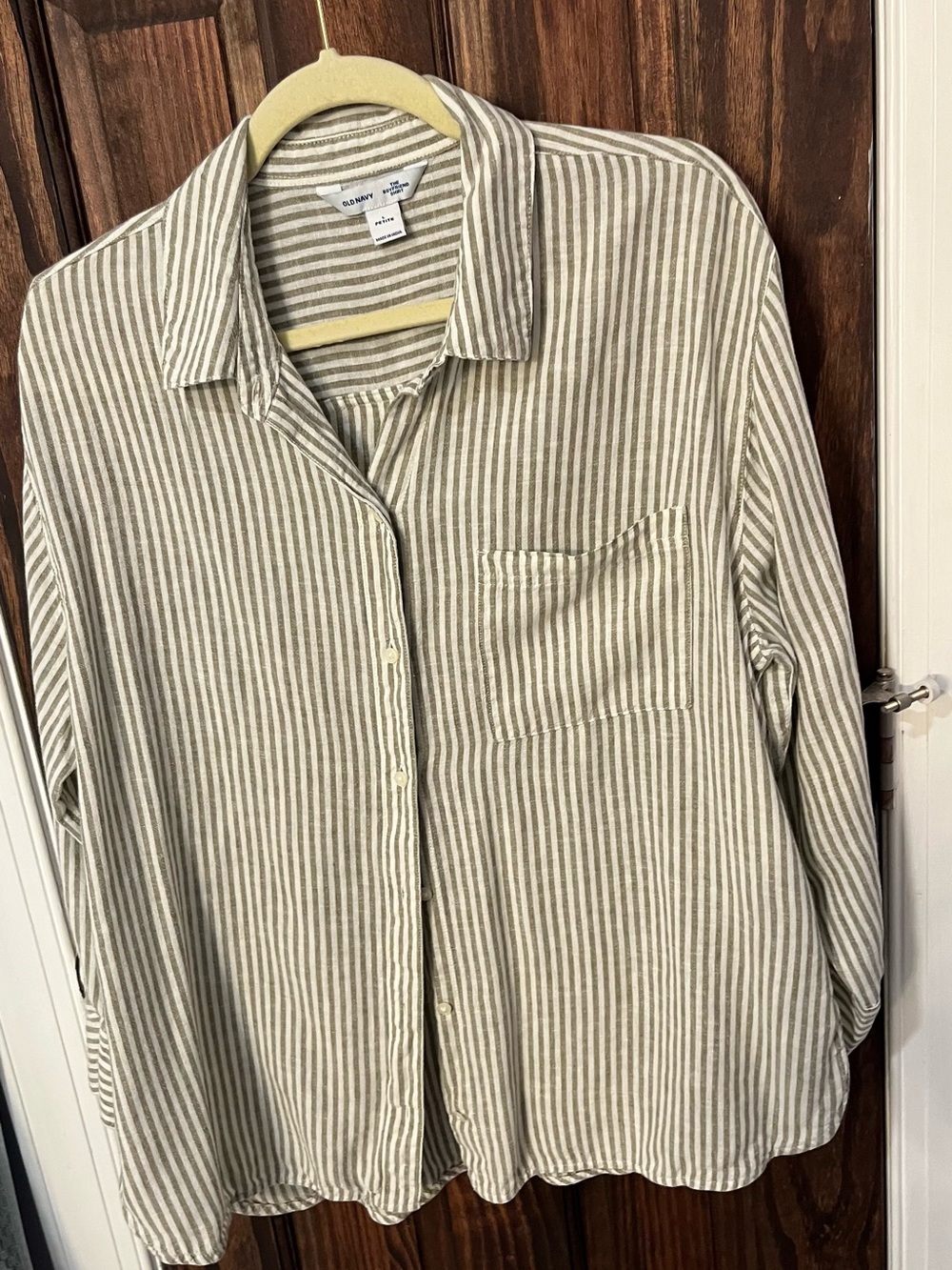 Old Navy Linen Olive Stripe Button-Up Boyfriend Shirt